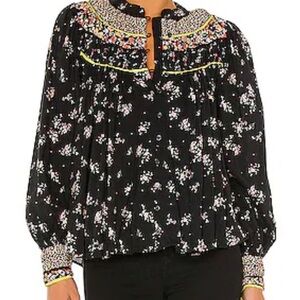 Anthropologie Black Floral Embroidered Top